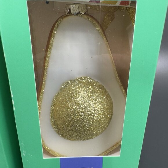 Tabitha Brown Glittery Golden Avocado Glass Ornament Set 2 New In Box Gold Tone - Picture 3 of 7